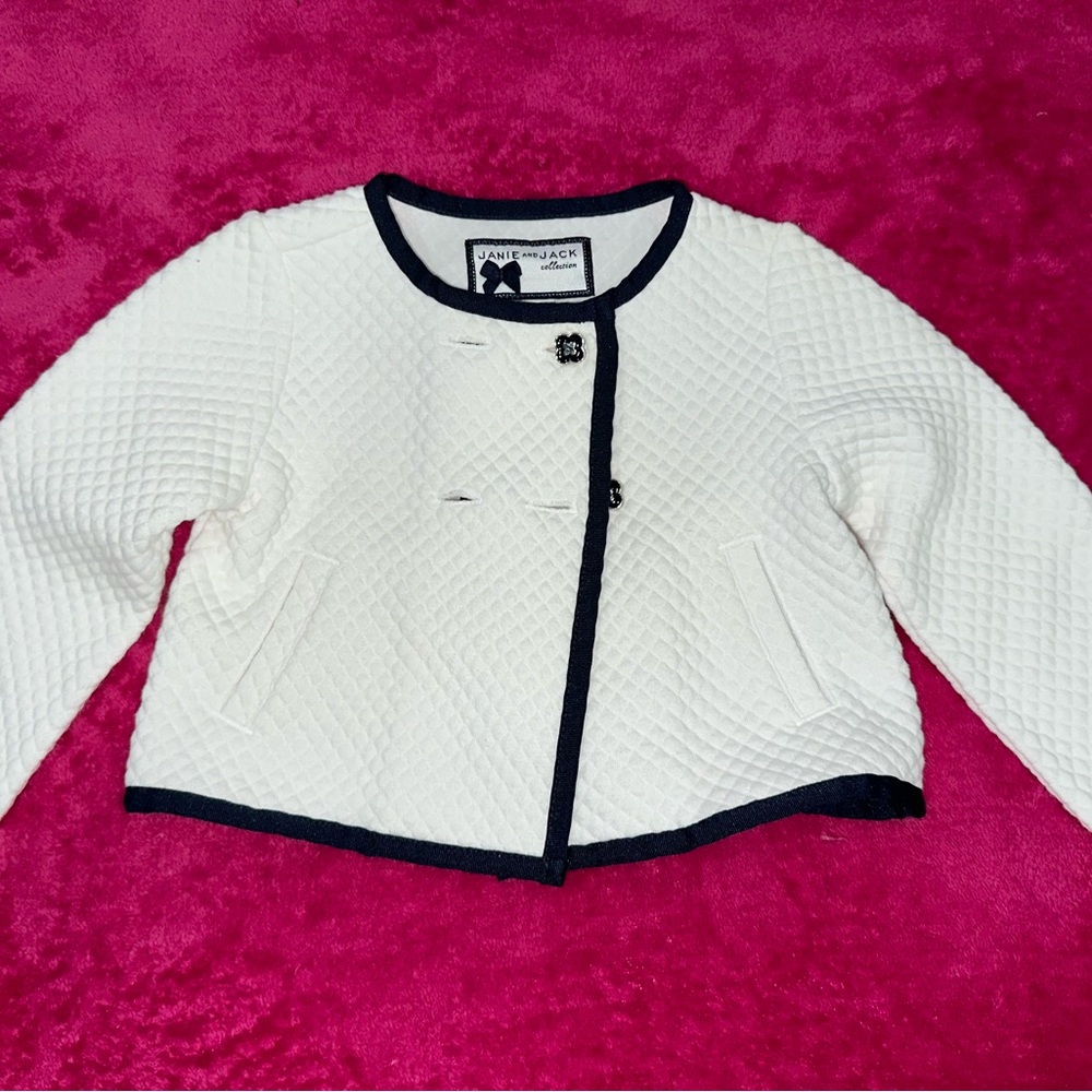 White Quilted Jacket with Navy Trim